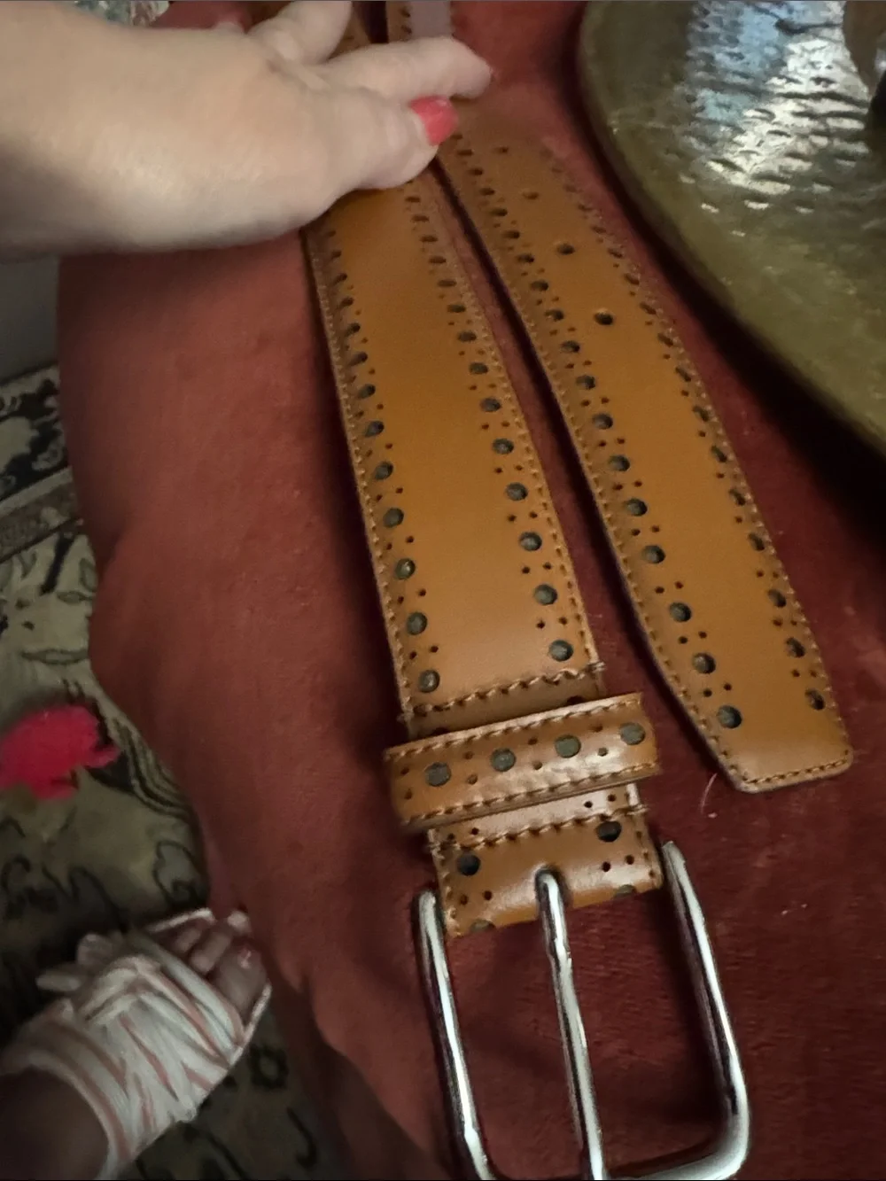 Cole Haan Tan Leather Brogue-Style Belt with Silver Buckle